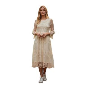 Mindful Souls 8/10 Embroidered Mesh Layer Midi Dress Cream Ethereal Boho Fairy